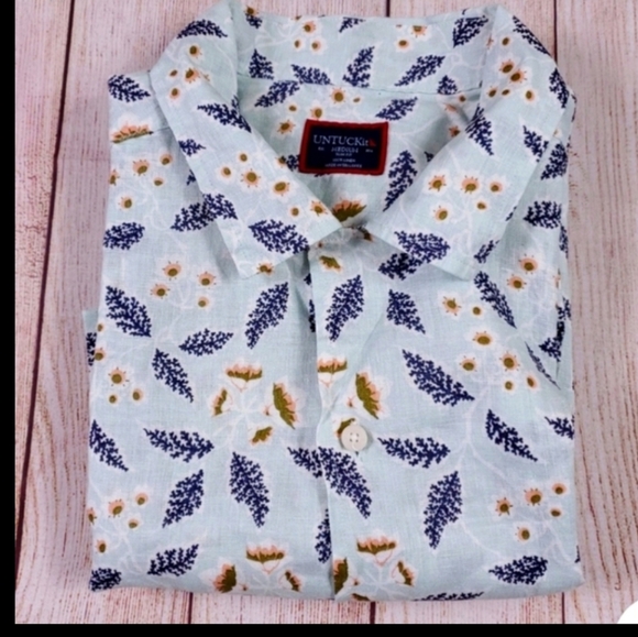 UNTUCKit Floral Blue Button Down Shirt Linen Short Sleeve Slim Fit Heaton Teal - Picture 5 of 17